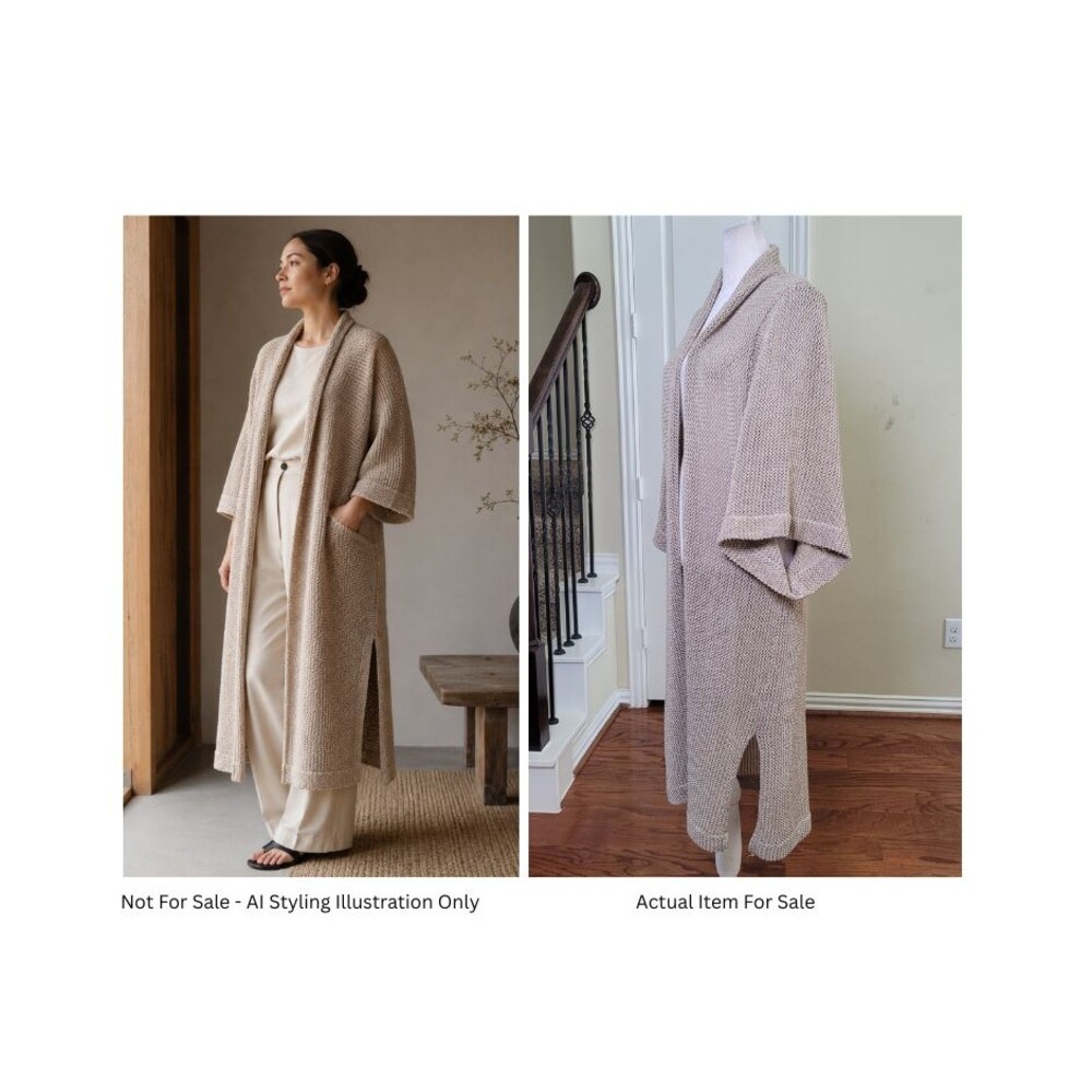 Adolfo Dominguez Duster Cardigan Beige Women M Longline Open Knit Preppy Neutral